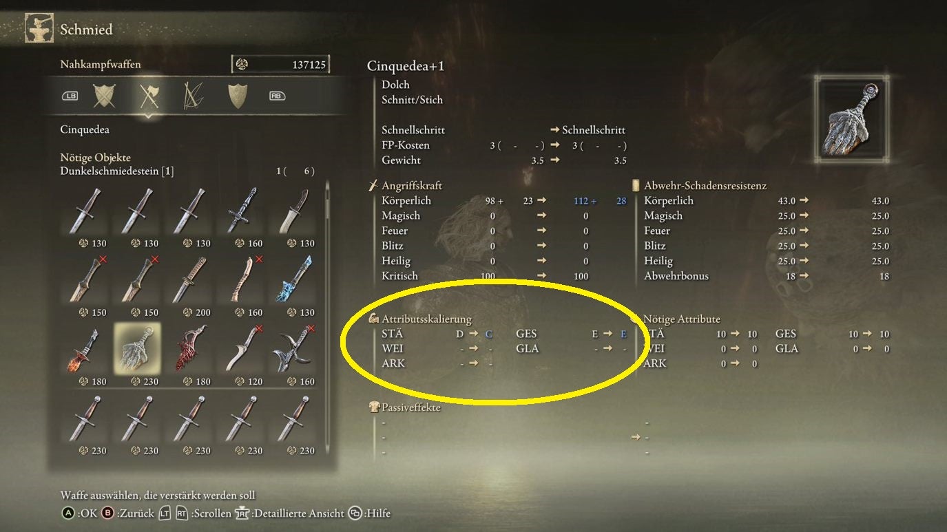 Elden Ring Alle Affinitäten, Skalierung ändern (Buchstaben) und Verzauberung der Waffen